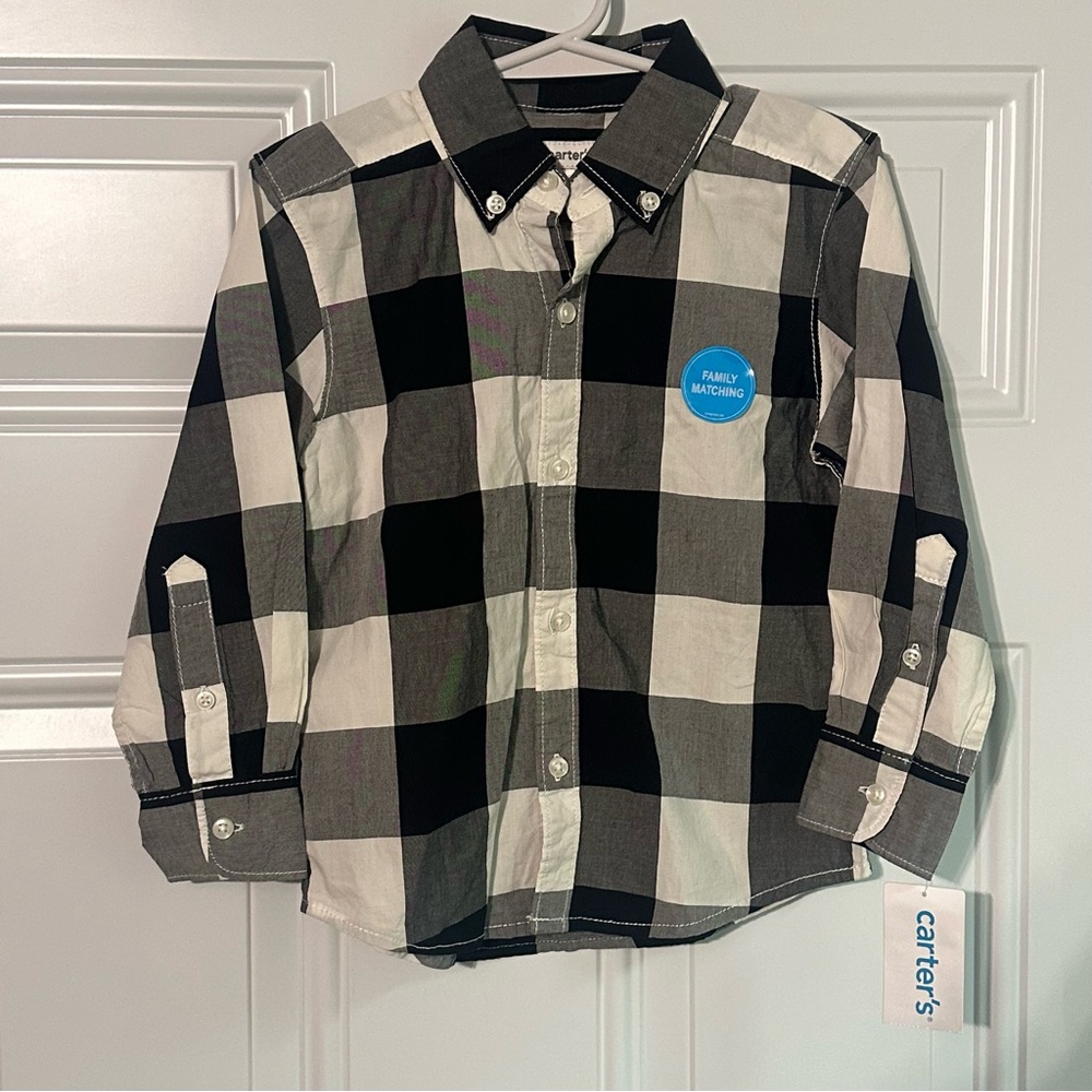 Carter's Boys White & Black Plaid Long Sleeve Button Down Shirt NWT